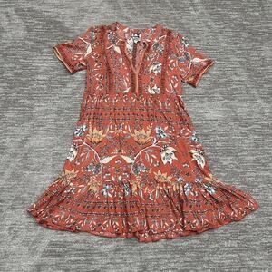 Jaase Dress Womens Small Rust Floral Boho Ruffle Hem Summer Lace Cut Out